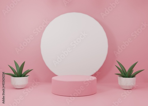 3d rendering Pink pastel display podium product stand on background. Leaves plant palm summer