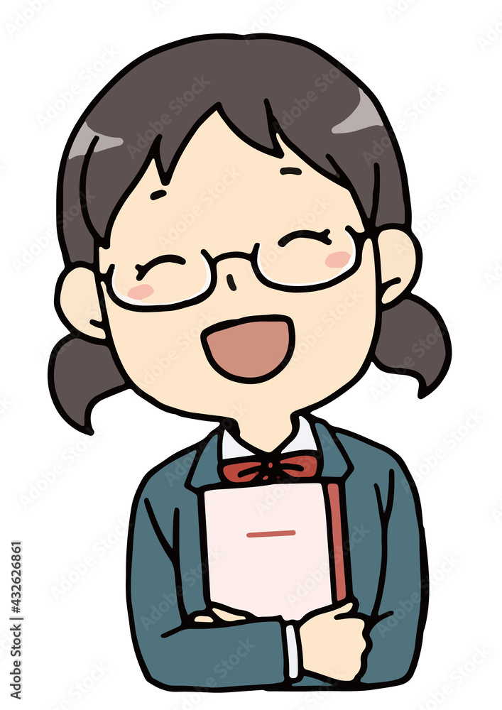 ノートを抱えた眼鏡の女子学生のバストアップ