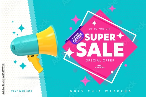Banner template announcing super sale mega weekend discount. Loud speaker promoting limited special offer only week price off up to 70 percent design vector illustration. Advertisement concept