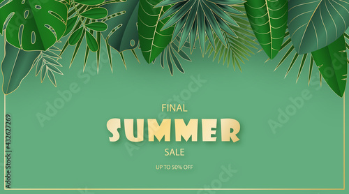 Tropical leaves summer abstract sale banner.