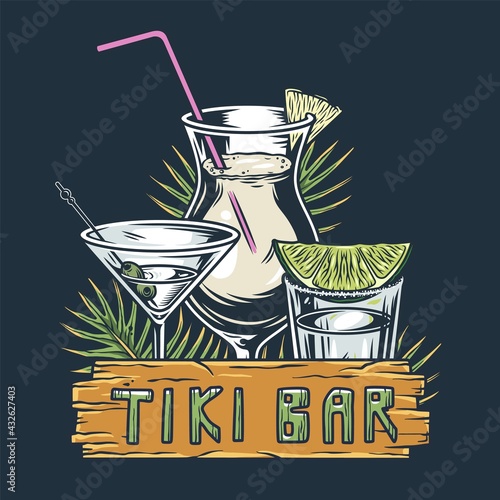 Cocktail sammer hawaii surf for tiki bar. Traditional ethnic surfing of hawaiian