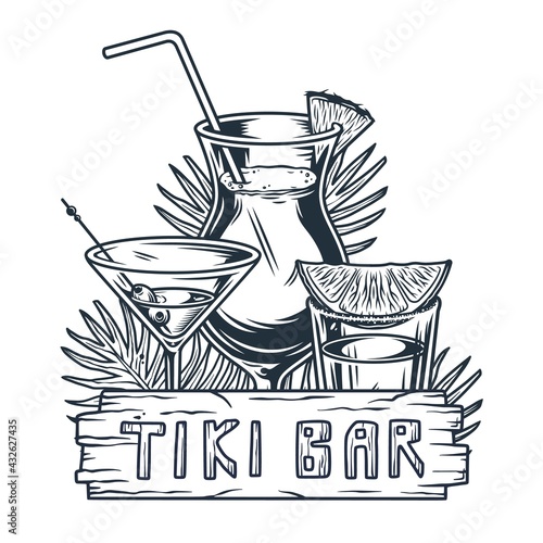 Cocktail sammer hawaii surf for tiki bar. Traditional ethnic surfing of hawaiian