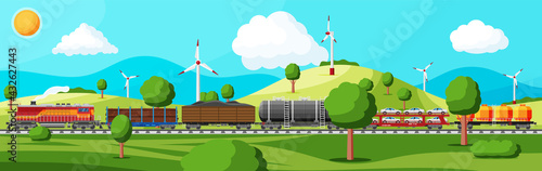 Train with cargo wagons, cisterns, tanks and cars. Railroad freight collection. Nature landscape with trees, hills, forest, wind turbine and clouds. Cargo rail transportation. Flat vector illustration