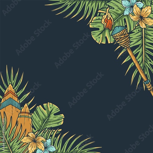 Surfing tiki mask hawaii surf for trendy bar. Traditional ethnic surfing of hawaiian, maori or polynesian. Design old tribal board