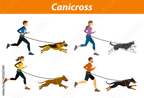 Canicross Outdoor Training with Dogs. Men, women, Group of people running pulled by dogs corss country workout  isoltated vector illustration