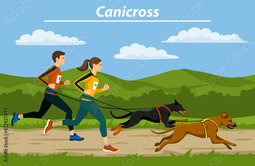 Couple, Man and Woman cani crosiing  with their dogs in nature landscape vector illustration. Outdoor Training Exercising photo