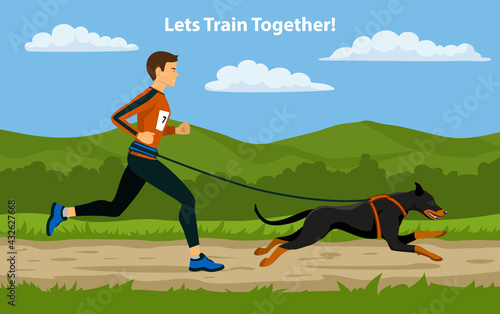 Canicross Sport Cross Country Training. Man running with his dog outdoor.