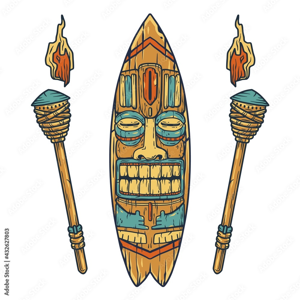Surfing tiki mask hawaii wooden tiki mask for trendy bar. Traditional ethnic idol and hawaiian surf, maori or polynesian. Design old tribal totem - obrazy, fototapety, plakaty 