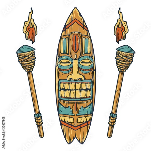 Surfing tiki mask hawaii wooden tiki mask for trendy bar. Traditional ethnic idol and hawaiian surf, maori or polynesian. Design old tribal totem