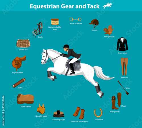 Woman Riding Jumping Horse in show outfit. Equestrian Sport Equipment Infographic Items. Gear and Tack accessories.  Jacket, breeches, gloves, boots, chaps, whip, horseshoes, grooming brush