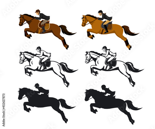 Man and Woman Riding Jumping Horse Set in Color, SIlhouette and Contour. Isolated Vector Illustration