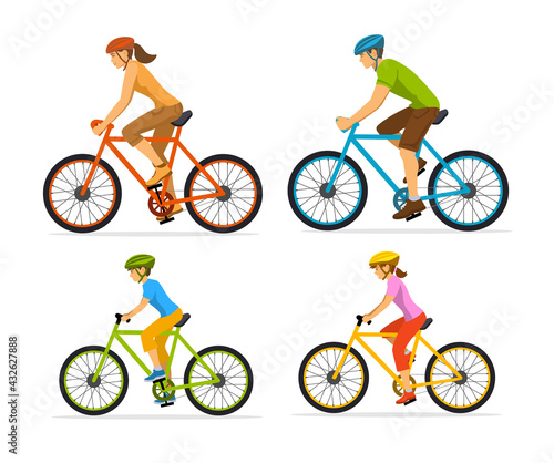Man , woman, boy and girl riding sport bikes. Family outdoor activity