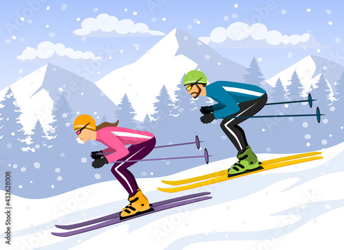 Couple, Man and Woman skiing downhill. Winter sport activity vector illustration. photo