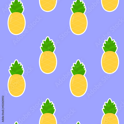 Fototapeta Naklejka Na Ścianę i Meble -  Seamless vector pattern with bright pineapple on a blue  background. Suitable for the design of textile fabric, wrapping paper, and wallpaper for websites. Vector illustration.