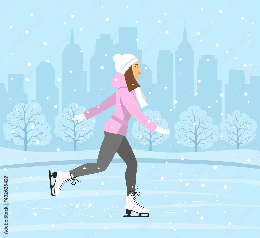 Young Woman Skating on Ice rink . Cityscape landscape background scene. Winter Fun Sport Activities Vector Illustration