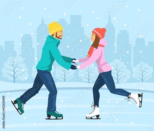 Young Man and Woman Skating on Ice rink . Cityscape landscape background scene. Winter Fun Sport Activities Vector Illustration