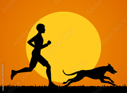 Man running jogging training exercising with his dog vector illustration