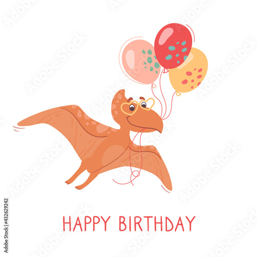 Wallpaper Mural Baby birthday card. A cute pteranodon is flying with balloons and wearing heart-shaped sunglasses. Funny vector postcard with a dinosaur for children, white background Torontodigital.ca