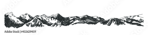 Vector Mountains Panoramic View, Hand Drawn Illustration, Black and White Drawing, Sketch Template.
