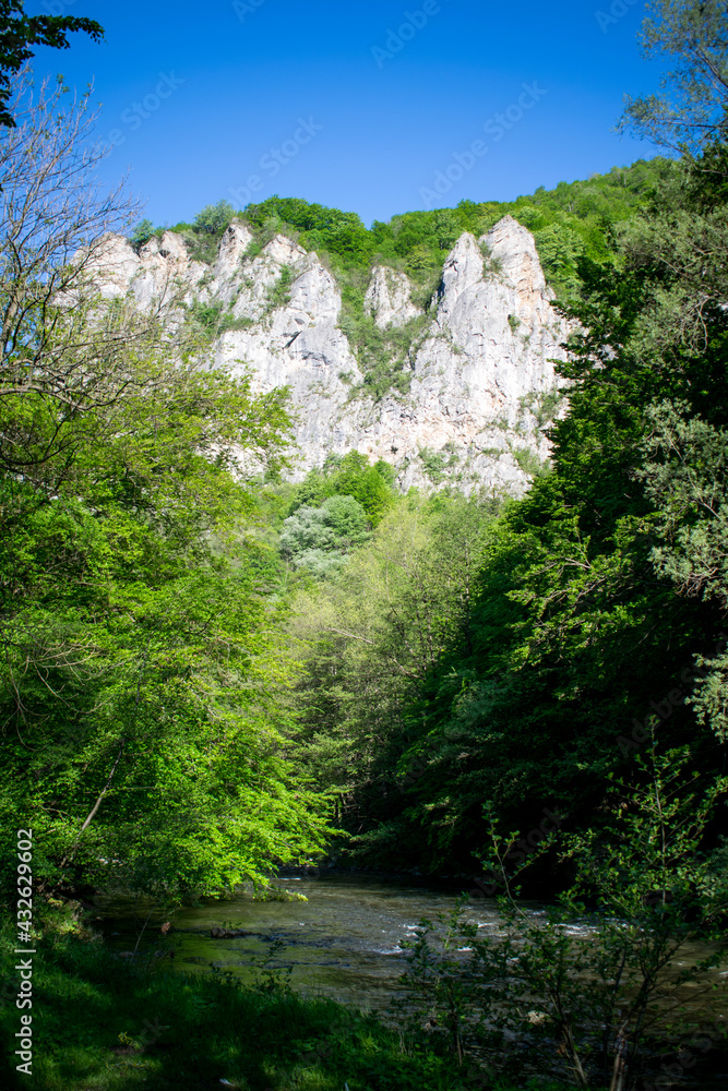 Mountain landscape. River water, mountain tops. The sun's rays among the tree branches. Mountain landscape. River water, mountain tops. The sun's rays among the tree branches.