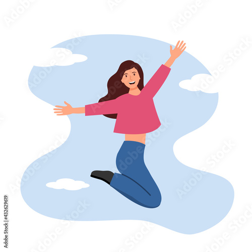 Joyful young woman in pink shirt jumping with happiness and celebrating in flat design.