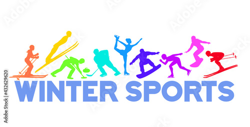 Winter Ice Snow Sports Banner Background including cross country, freestyle skiiing, sowboarding, speed skating, ski jumping, curling and figure skating, ice hockey
