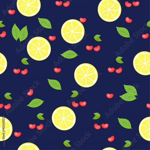 seamless pattern with fruits, lemons and cherry, blue background vector draw