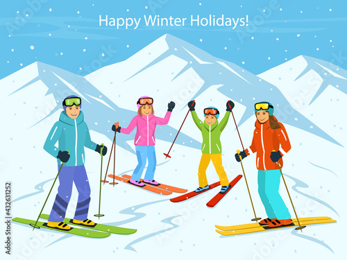 Happy family , man, woman, boy, girl skiing in mountains
