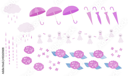 梅雨のイラストアイコンセット ベクター ピンク