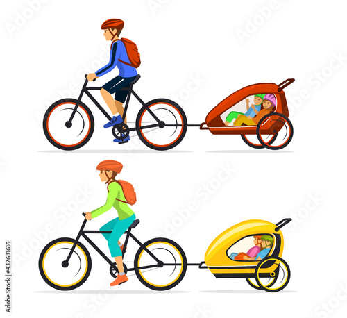 Family, Man and Woman with their  his children traveling cycling together. Father and mother tows bike trolley with happy kids inside isolated  vector ilustration