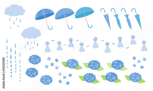 梅雨のイラストアイコンセット ベクター 青色