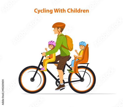 Man cycling with his children, boy and girl. Kids sitting on bike safe seats in front and back