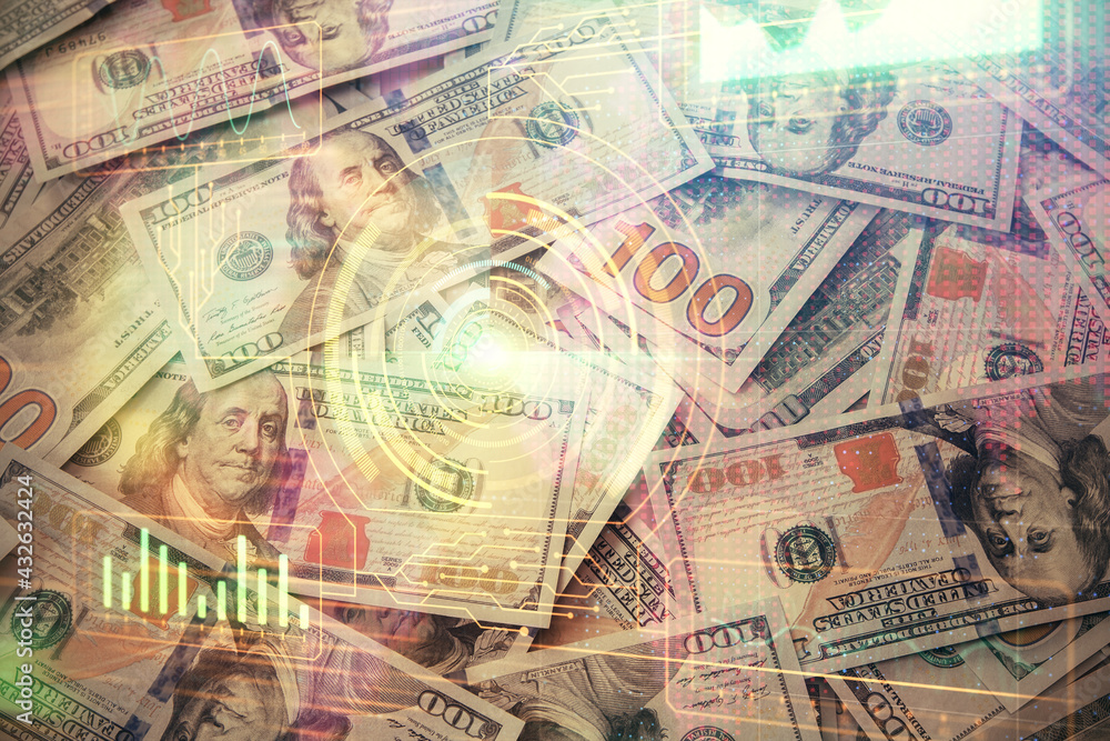 Double exposure of data theme drawing over us dollars bill background. Technology concept.