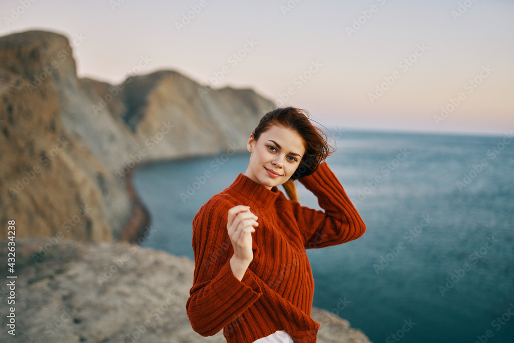 Traveler with backpack mountains sunset sea ocean model Traveler with backpack mountains sunset sea ocean model