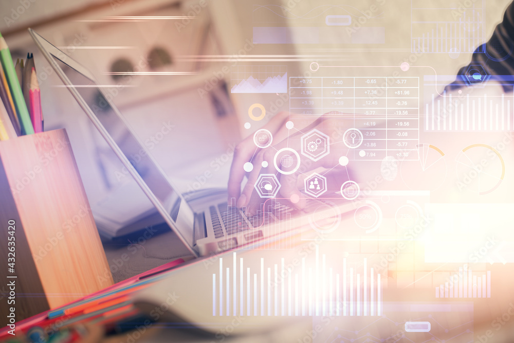 Double exposure of woman hands working on computer and data theme hologram drawing. Tech concept. Double exposure of woman hands working on computer and data theme hologram drawing. Tech concept.