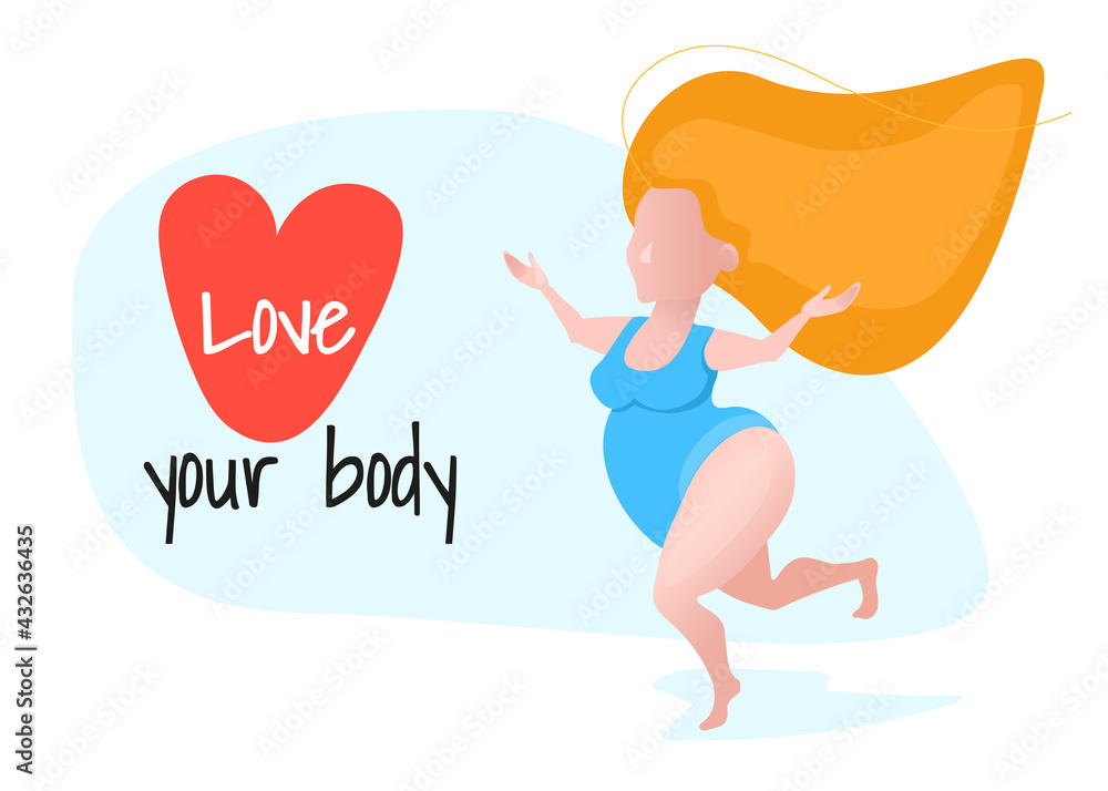 A plump woman in a blue swimsuit enjoys life, the inscription on my heart I love myself! Love your body the concept of self-acceptance.