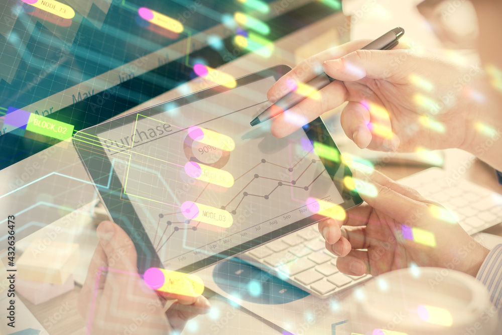 Multi exposure of man's hands holding and using a digital device and data theme drawing. Innovation concept. Multi exposure of man's hands holding and using a digital device and data theme drawing. Innovation concept.