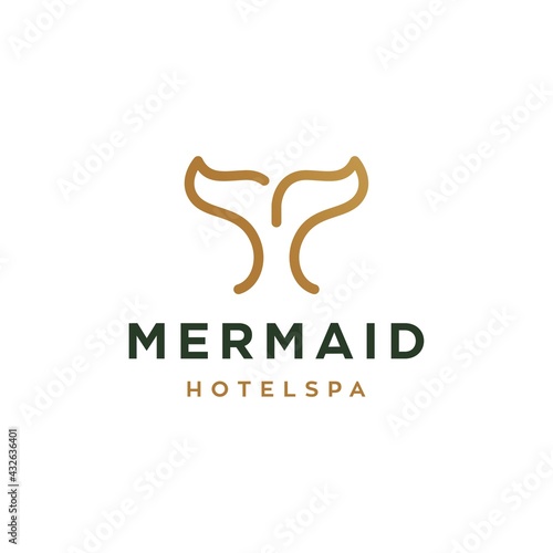 simple whale tail fin icon outline, mermaid symbol line art elegant logo design vector 