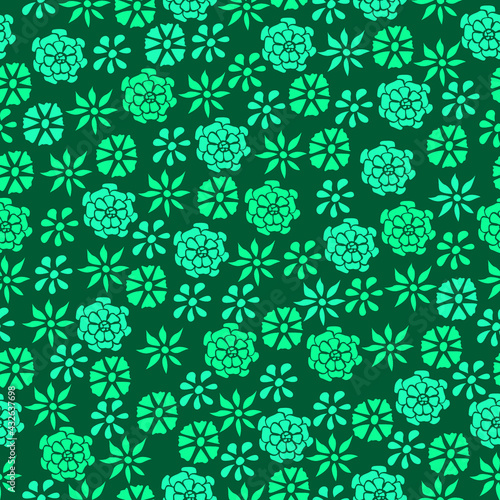 A seamless pattern with small flowers scattered chaotically. Textile design. Vector illustration.