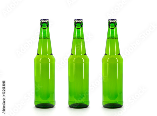 Set of green Glass bottles of beer. Isolated on white background