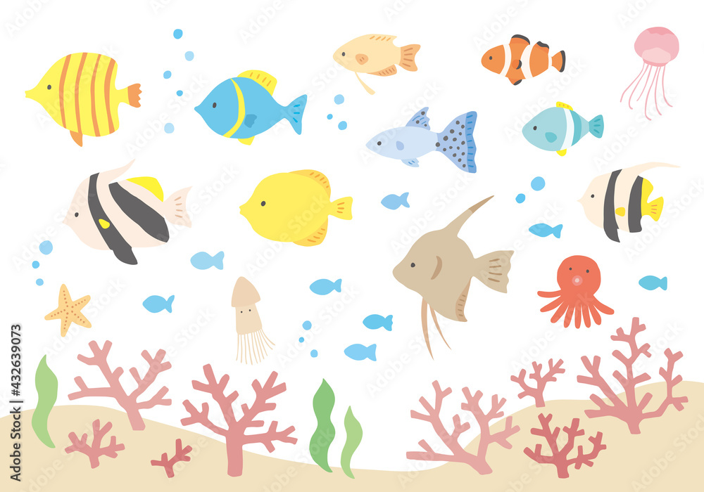 いろんな熱帯魚とサンゴの手描きイラストセット(カラー/輪郭線なし) いろんな熱帯魚とサンゴの手描きイラストセット(カラー/輪郭線なし)