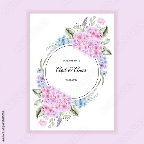 wedding invitation with hydrangea pink blue watercolor