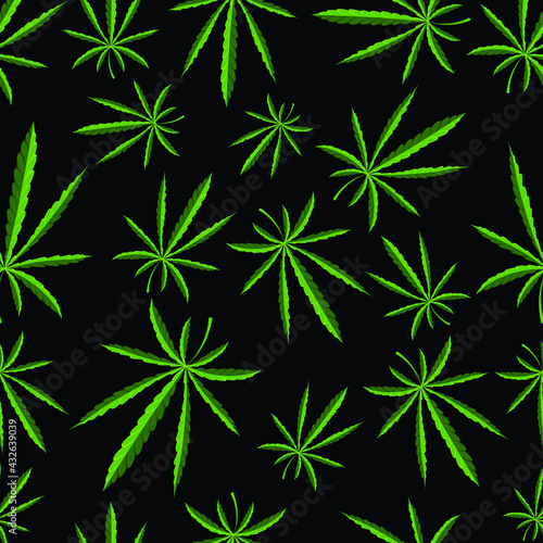 Seamless pattern. Marijuana leaf. Hemp in different sizes  in random order. Rastaman culture. On a black background. Vector illustration