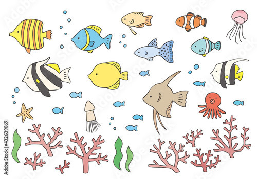 いろんな熱帯魚とサンゴの手描きイラストセット（カラー）
