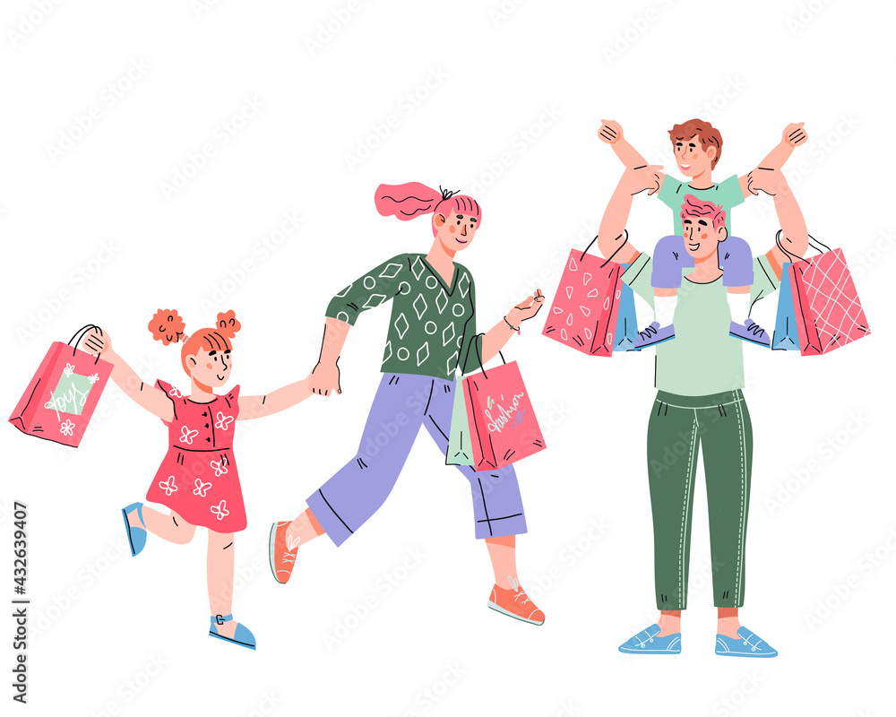 Happy family with shopping bags in hands at sale. Father, mother and children with bags and gifts in shopping mall together, cartoon vector illustration isolated on white background. Happy family with shopping bags in hands at sale. Father, mother and children with bags and gifts in shopping mall together, cartoon vector illustration isolated on white background.