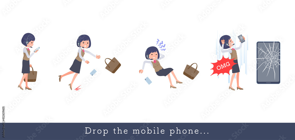 スマホを落としてしまうインカムをつけたビジネス女性のセット スマホを落としてしまうインカムをつけたビジネス女性のセット