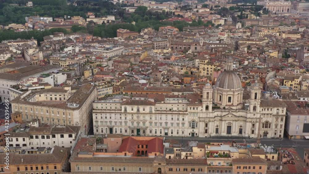 Aerial view of Piazza Navona, world famous square in Rome, Italy. Old Italian monuments and buildings in Roma, Italia seen from drone flying in the sky Aerial view of Piazza Navona, world famous square in Rome, Italy. Old Italian monuments and buildings in Roma, Italia seen from drone flying in the sky