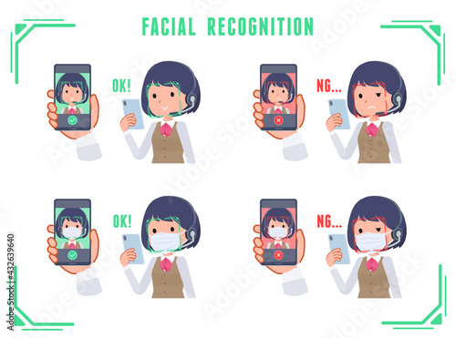スマホで顔認証をしているインカムをつけたビジネス女性のセット