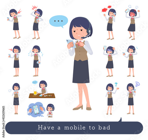 スマホを使って不幸せなインカムをつけたビジネス女性のセット