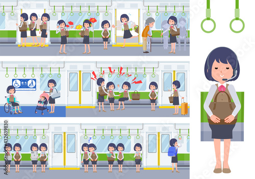 電車に乗るインカムをつけたビジネス女性のセット